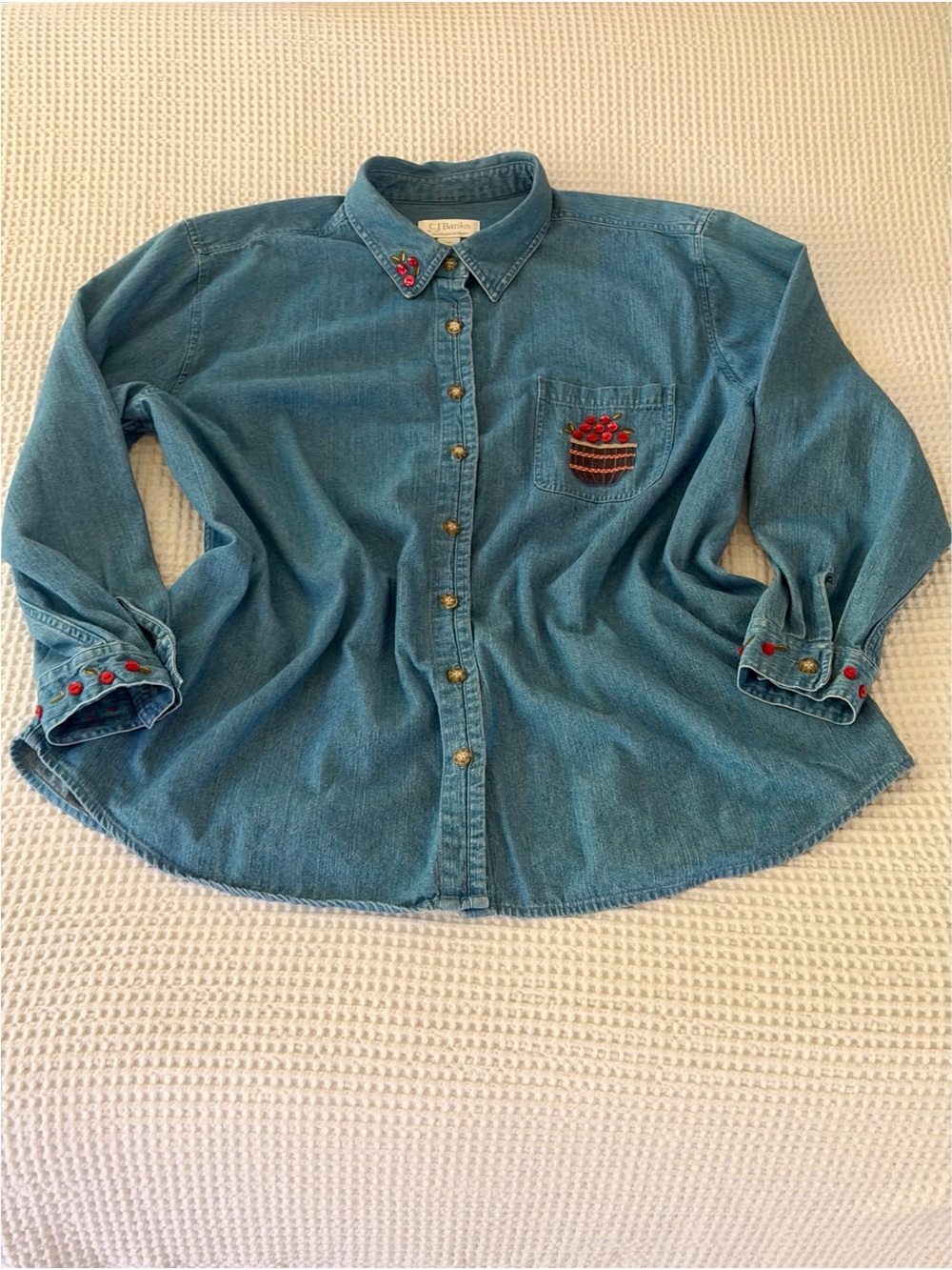 CJ Banks Vtg Denim Shirt Embroidered Red Apples Fall Shacket Cottage Granny 3x